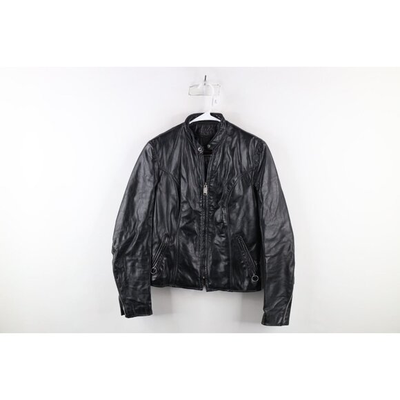 Vtg 70s Streetwear Mens 34 Full Zip Leather Cafe Racer Bomber Jacket Black USA